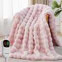 Anysay Heated Blanket Throw with 1/2/4/6/8 Hours Auto-Off 10 Heat Level, 62'' * 84'' Cozy Faux Rabbit Fur Bubble Electric Blanket with Overheat Protection(Tie-Dye Pink)