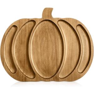 Sliner Fall Pumpkin Wooden Serving Dish Platter Thanksgiving 15" L x 12" W Pumpkin Shaped Charcuterie Board Snack Wood Cutting Board Sectional Dish Plate for Home Gifts(Walnut Color)