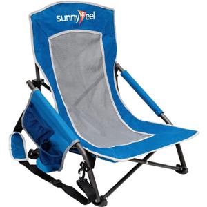 SUNNYFEEL Low Folding Beach Chair for Adults, Portable Lightweight Sling Beach Camping Chairs with Cup Holder, Armrest,Foldable Camp Lawn Chair for Outdoor Sand Concert Travel Sport Events,300LBS (Blue)