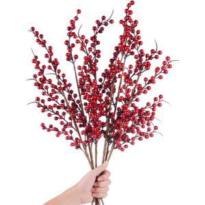 DearHouse 4 Pack Artificial Red Berry Stems Holly Christmas Berries for Festival Holiday Crafts and Home Decor, 26 Inches Burgundy Berry Floral Christmas Tree Decorations