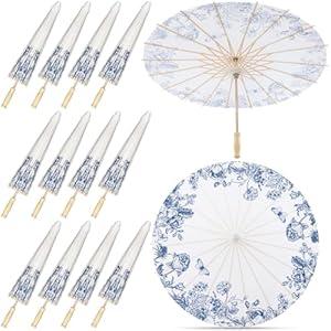 Lemosae 12 Pack Paper Umbrellas Bulk for Wedding, 23.6" Chinese Japanese Parasol Vintage Decorative Sun Umbrella for Bridal Party Tea (Flower) 