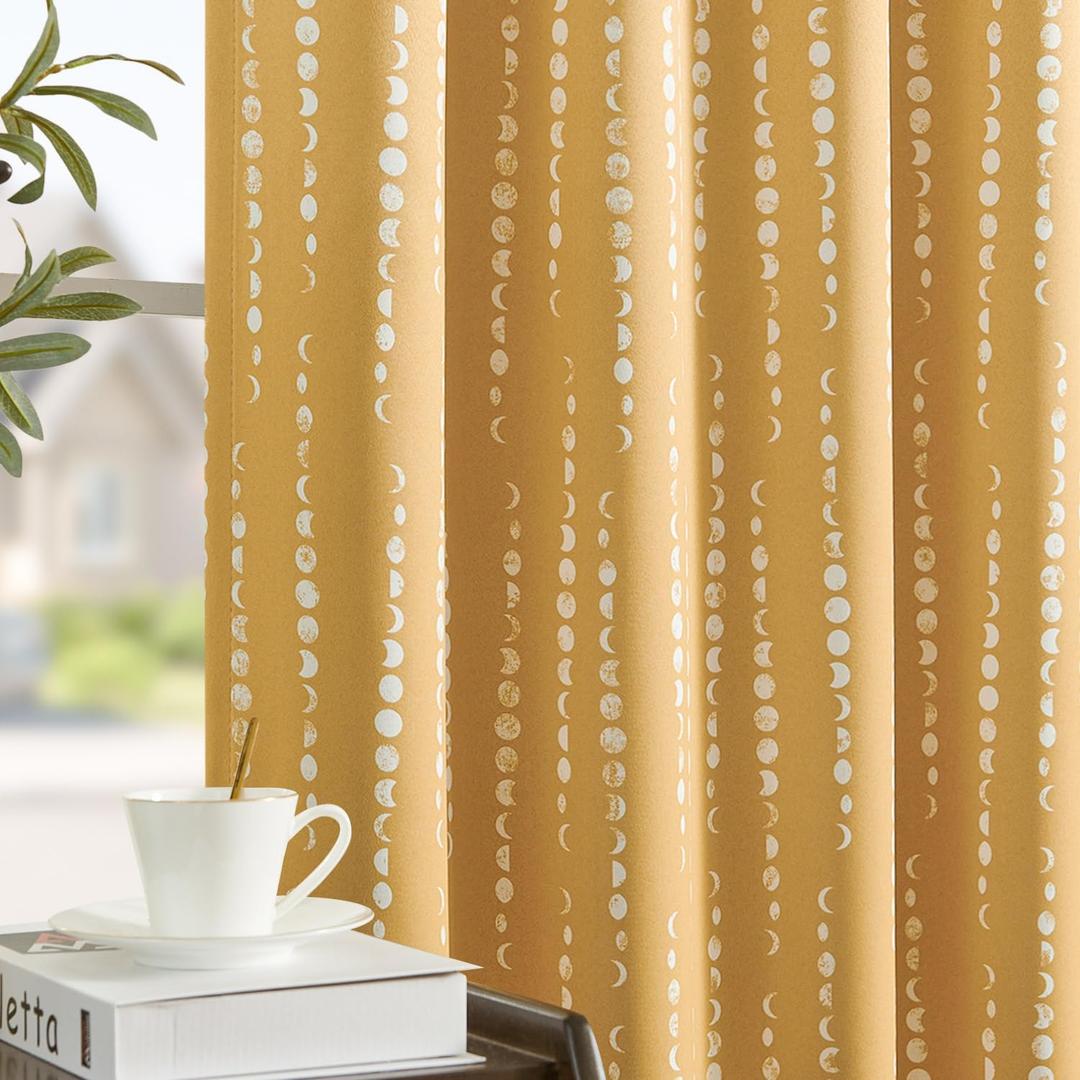 jinchan 95% Blackout Boho Curtains 63 Inch Length Moon Phases Printed Drapes Rod Pocket Thermal Insulated Curtains for Bedroom Nursery Mustard Yellow Window Drapes Curtain Set 2 Panels