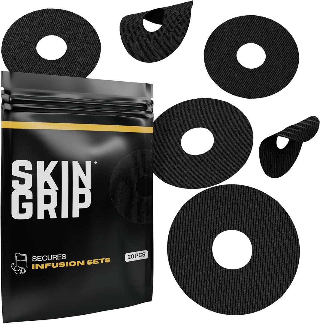Skin Grip Universal Adhesive Patches for CGM and Insulin Pumps with Cutout (20-Pack), 0.8-Inch Hole, Waterproof & Sweatproof for 10-14 Days, Glucose Monitor Patch, Diabetic Sensor Cover, Black