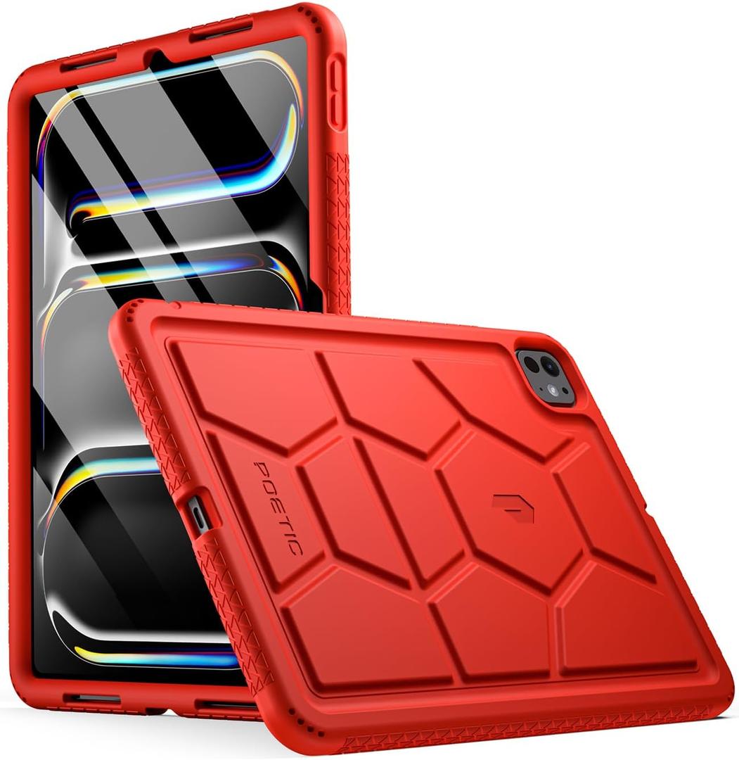 Poetic TurtleSkin Case for iPad Pro 11 Inch (M5) 2025/ (M4) 2024, Heavy Duty Shockproof Rugged Kids Friendly Drop Protection Silicone Cover Case, Red