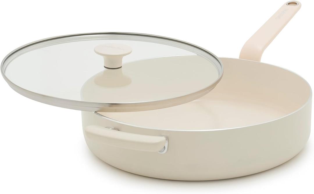 GreenPan Rio Advanced 5QT Saute Pan With Tempered Glass Lid, 5QT Ceramic Nonstick pan with Helper Handle, PFAS-Free, Induction Ready, Dishwasher and Oven Safe, Cream White
