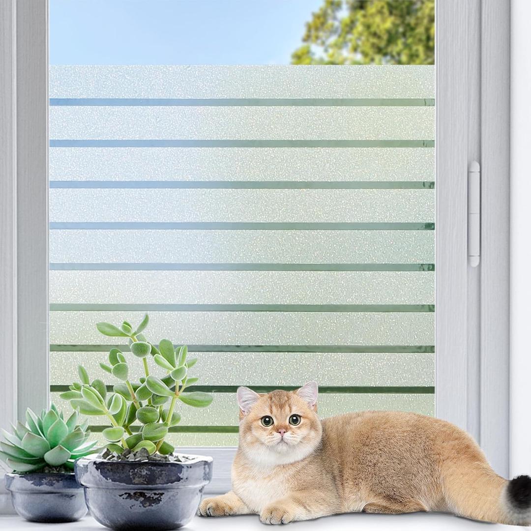 Coavas Frosted Striped Window Privacy Film for Bathroom Glass Door, Static Cling No Glue Removable Decorative Glass Film, UV Blocking Heat Control, Renter Friendly, 23.6 x 78.7 inch,Pure