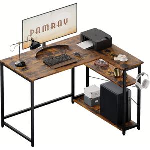 Pamray 43 Inch L Shaped Computer Desk with Reversible Side Storage Shelves, Small Corner Desk for Small Space Home Office,Writing Study Table PC Desk for Bedroom,Vintage