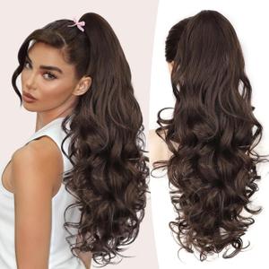 ALXNAN Claw Long Wavy Ponytail Extension,24 Inch Curly Pony Tail Clip in Hair Extensions for Women, Dark Chocolate Brown Clip on Pony Tails Hair Extensions