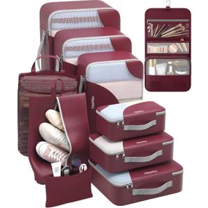 10 Set Packing Cubes for Travel, Gifts for Women Mom,Anti-Tearing Suitcase Organizer for Luggage with Shoe & Hanging Toiletry Bag,OlarHike Vacation Essentials & Accessories for Cruise Ship (08 Burgundy)
