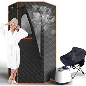 AgiiMan Portable Sauna for Home, Sauna Box with 3L Steamer, Remote Control, Folding Chair and Mat, Full Size Personal Steam Sauna Tent for Home Spa Relaxation, 15 Levels (Apricot)