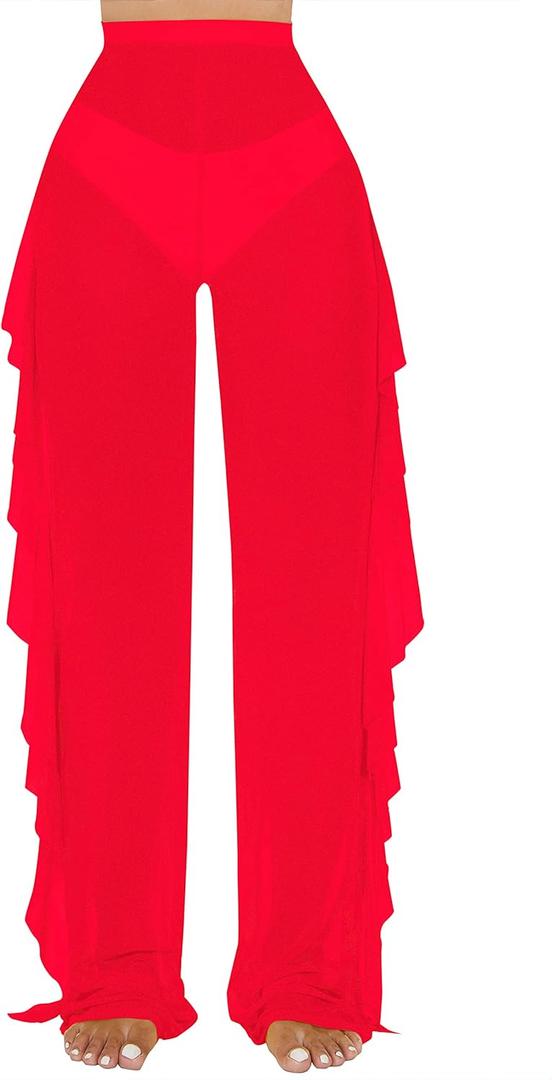 Jumppmile Women's Ruffle Sheer Mesh Swimwear Bikini Cover Up Pants See Through (Large, Red)