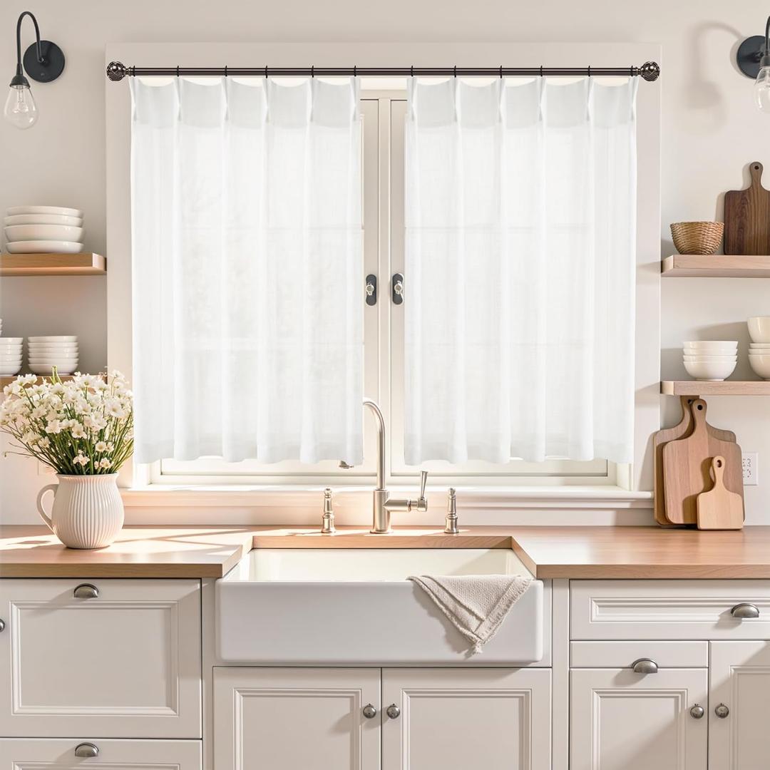 Linen Kitchen Curtains,20 Inch Length Light Filtering Sheer Short Cafe Window Curtains Tier,Pinch Pleated Small Kitchen Drapes for Windows,2 Panels,(24" W x 20" L White)