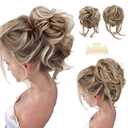 SARLA 2PCS Messy Bun Hair Pieces for Women Detachable Claw Clip Wavy Curly Synthetic Hairpieces for Updos with Tendrils Fake Scrunchies Ponytail Extension Beige Multi