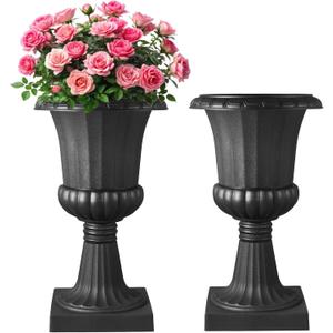 VEVOR Plastic Urn Planters, 15.8 x 26.4 Inch, 2 Pack Black Classic Flower Pots Front Porch Planters, Indoor & Outdoor Vase for Wedding, Party, Event, Home, Stage, Garden, Balcony, Patio Decoration