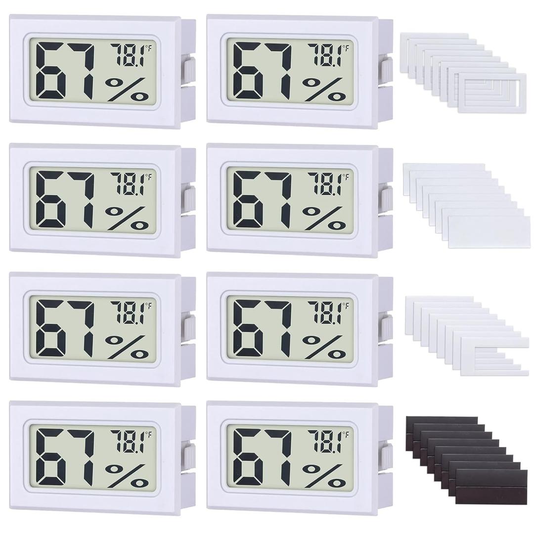 8-Pack Mini Digital Hygrometer Thermometer, Front-View Frame Adhesive for Mason Jar & Reptile Tank, Indoor Humidity Meter Gauge for Greenhouse, Garden, Cellar & Curing, 12-Month Battery (White)