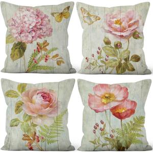 4 Pcs/Set Floral Pillow Covers Vintage Peony Rose Flowers Colorful Butterflies Geometric Check Natural Plants Valentine Throw Pillow Covers for Outdoor Couch Sofa Bedroom Decor, 18"x18"