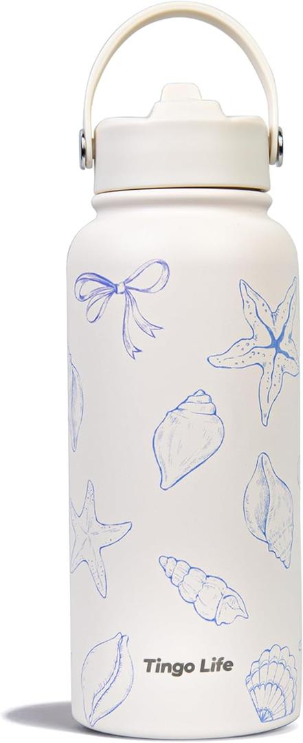 32oz Personalized Cute Ocean Bow Insulated stainless steel water bottles, Double-Wall Vacuum Insulation Design for Home,Gym, Sports, Leakproof Sports Bottle with Straw, Gifts for Girls Woman