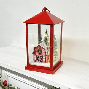 Scenic Lighted Christmas Lanterns, 11 Tall Square Red Lantern Battery Operated Built-in Timer with PS Panels
