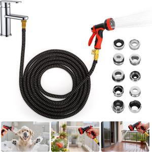 Indoor Sink Hose Attachment for Faucet - (25 FT) Faucet Hose with 10 Adapters for Kitchen Sink Bathroom Sink Faucet, Watering Houseplants Washing Pets Car Household Cleaning 10-Function Nozzle