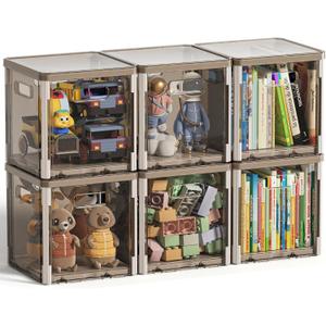 HAIXIN Clear Cube Storage Bins 6 Pack - 10.5'' x 10.5'' Stackable Storage Bins with Lids Foldable Storage Box Plastic Toys Cube Organizer Cubby Container for Closet Shelf Classroom Office (Brown)