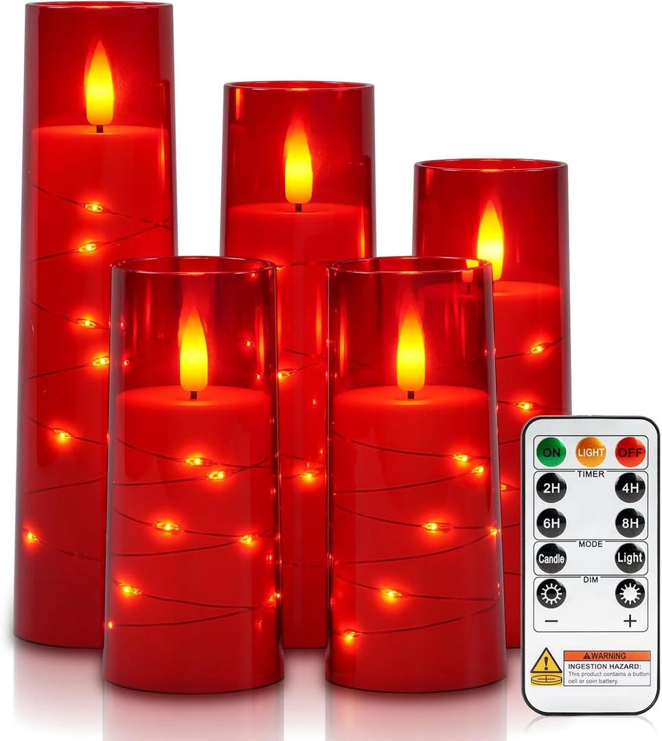 Raycare Flameless Candle with Remote Timer  5 Flickering Acrylic Battery Operated LED Pillar Candles with Embedded Star String for Halloween, Home Decor, and as a Gift(Red)