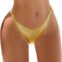 Women's Metallic Bikini Bottom- Shiny High Cut Swim Rave Bottoms Mid Waist Swimsuit (Gold), M