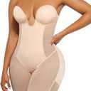 SHAPELLX Strapless Shapewear for Women Deep Plunge Corset Tummy Control Backless Bodysuit Mid Thigh Full Body Shaper (Beige, XL)