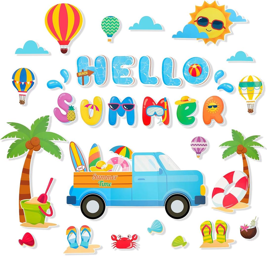 Konsait Hello Summer Bulletin Board Decorations - Vibrant Truck Beach Cutouts for Bulletin Boards, Summer Decorations for Classroom, Office, Home, or Party Decor