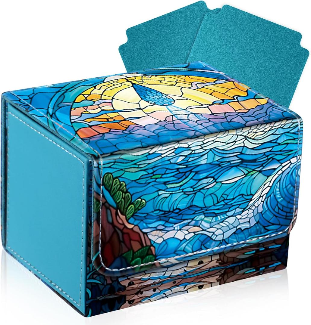 Leather Card Deck Case Compatible with MTG Cards Holds 120+ Trading Cards Strong Magnet Storage Card Box with 2 Dividers Compatible with TCG CCG(Blue, Horizontal Drop)