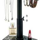 MyGift Adjustable Height Industrial Pipe Organizer Stand  Rustic TBar for Jewelry, Headphones, Medals, Kitchen Utensils & Display, Gray Wood Base (Black/Gray, Country Style)