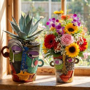 2 Pack Brutalist Abstract Face Planters Pots Head, Unique Abstract Flower Pot, Funny Planters Decoration Resin Face Flower Pot for Indoor and Outdoor Plants, Colorful Funny Room Decor