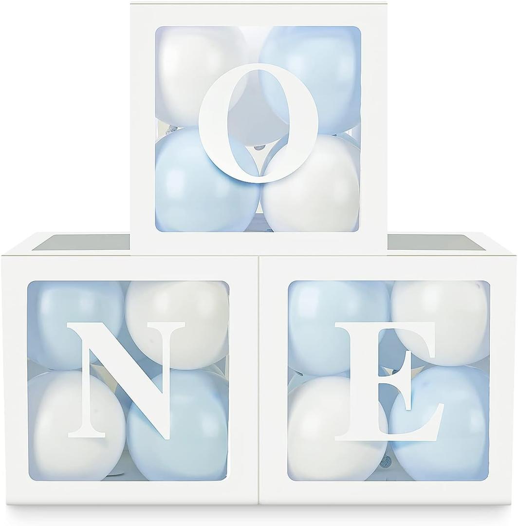 Baby Boy First Birthday Party Decorations 'ONE' Letters Individual Three White Transparent Square Boxes with 24 Balloons Decor for 1 Year Old Baby Birthday Party Decor Backdrop Favors