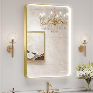 LED Mirror for Bathroom 24X36 Inch Gold Framed with Anti-Fog, Stepless Dimmable, Front Lit, LED Bathroom Vanity Mirror for Wall, Memory Function, Tempered Glass, Shatter-Proof (24"L x 36"W)