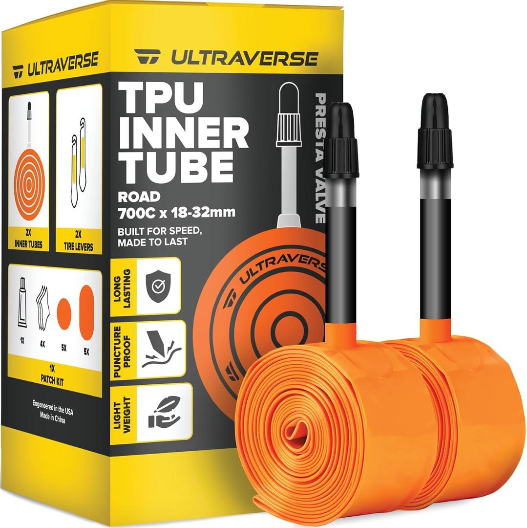 Ultraverse TPU Road Bike Inner Tube 700 x 18-32 with 45mm, 65mm, 85mm Presta Valves Ultra Lightweight Tubes for Road and Gravel Bicycles - 2 Pack with Repair Patch Kit