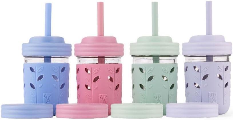 Elk and Friends Kids + Toddler Glass Cups | The Original 8oz Glass Mason Jar with Sleeves + Lids | Silicone Straws + Stopper | Smoothie Cup | Food Storage | Spill Resistant | Dishwasher Safe | 4 Pack (Sage/Blush/Lilac/MistyBlue)
