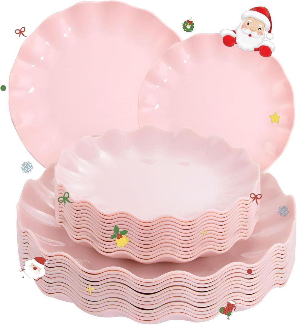 LIYH 24 Pcs Pink Plates Reusable, Pink Plastic Scalloped Plate Durable and Dishwasher Safe,Baby Shower Plate, Light Weight Daisy Plastic Wavy Plates for Wedding Party Birthday (24(12 Guests))