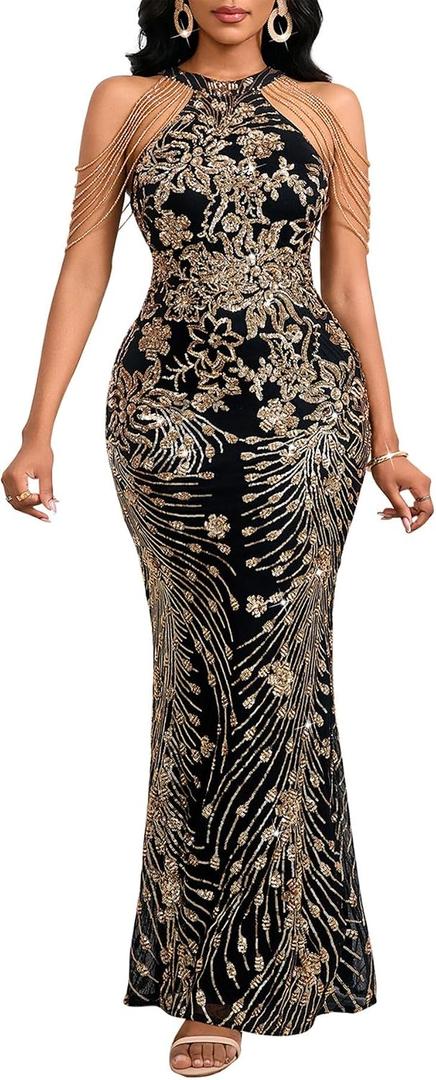 Cololura Women Sexy Elegant Sequin Tassel Off Shoulder Halter Bodycon Maxi Dress Party Evening Gown Formal Dress (Black, 3XL)