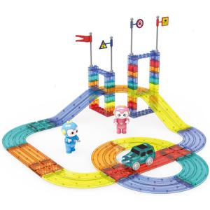 UNIQUE KIDS Race Car Track Building Block Educational Toy Set | Magnetic Tiles Magnet Playset | STEM Learning Construction Kit | Hand-Eye Coordination | Brain Development | 63 PCS