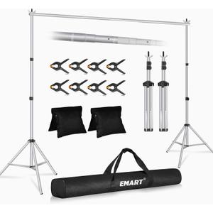 EMART Backdrop Stand 10x8.5ft(WxH) Photo Studio Adjustable Background Stand Support kit with 2 Crossbars, 8 Clamps, 2 Sandbags and Carry Bag for Parties, Events Decoration, Wedding, Photography-Silver (Sliver)