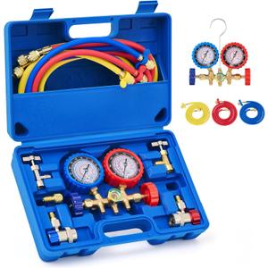 Orion Motor Tech AC Gauges, AC Manifold Gauge Set for R134a R12 R502 Refrigerant, 3 Way Car with 5FT Hoses Couplers & Adapter, Puncturing & Self Sealing Can Tap Freon Charge Kit