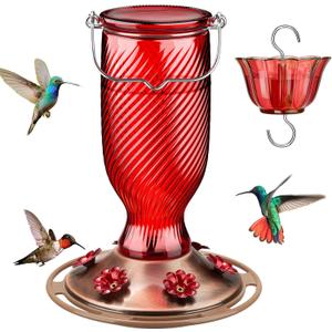 Kingsyard Glass Hummingbird Feeders for Outdoors, 24 oz Hummingbird Nectar Feeder for Garden Decorations with 6 Feeding Ports, Ant Moat Included, Gifts for Women Mom, Easy to Clean & Refill, Red