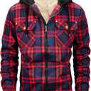 HVERDE Men's Winter Cotton Plaid Shirts Jacket Warm Fleece Lined Flannel Hooded Shirt Jacket Coat for Men Red(A148) L