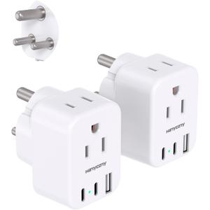 3 x US to India Plug Adapter, HANYCONY Type D Plug Adapter with 2 Outlets 3 USB Ports(2 USB C), India Power Travel Adapter for USA to India, Bangladesh, Maldives, Pakistan, 2 Pack