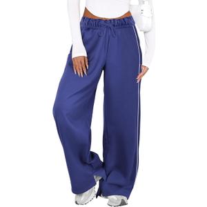 IWD Wide Leg Sweatpants for Women High Waisted Baggy Lounge Pants Interior Drawstring Sweat Pants with Pockets (Blue, L)