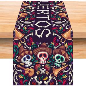 3 x LFIVEOOH Dia De Los Muertos Mexican Table Runner, Sugar Skull Decor, Rustic Linen Day of The Dead Decorations, Fiesta Party for Home Kitchen Dining Room, 7213 Inch