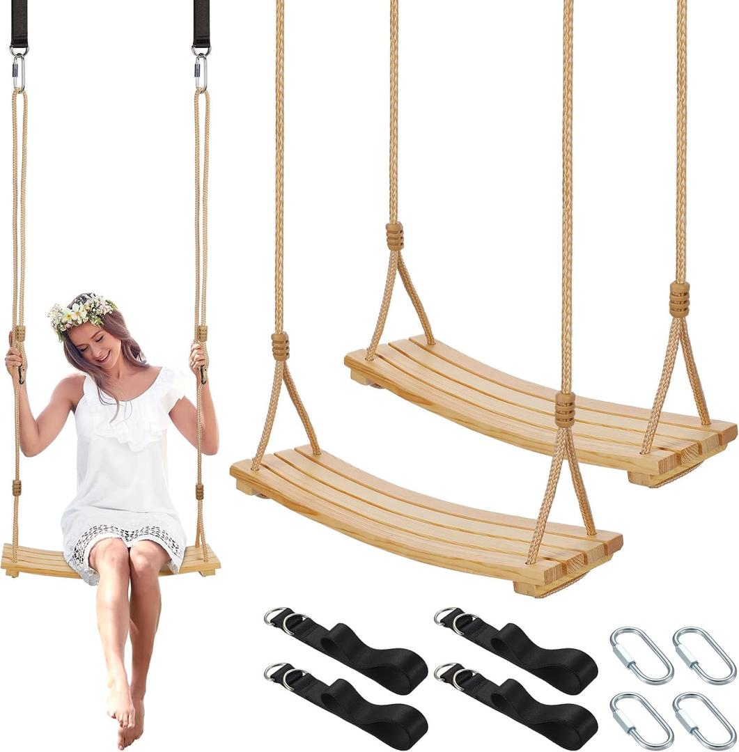 Hollowfly 2 Pcs Wood Swing Seat Carbonized Hanging Wood Tree Swing with Adjustable Rope Anticorrosive Waterproof 440lbs Load for Indoor Outdoor Garden Yard Backyard 24 x 6.3 x 1.42 Inch(Fresh Style)