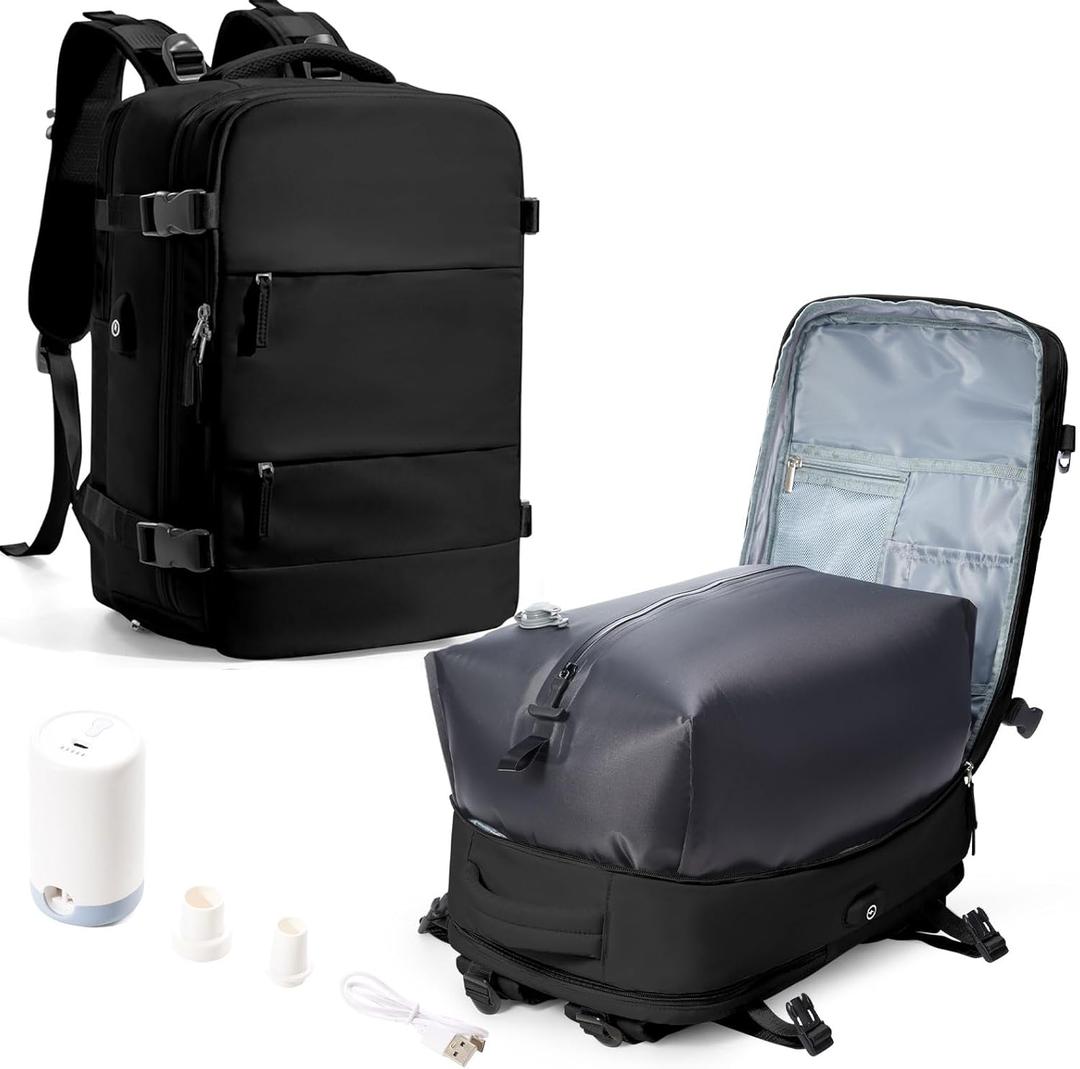 SEAFEW Vacuum Travel Backpack with Electric Pump, Waterproof Personal Item Bag, Women & Men's Anti-Theft Laptop Daypack for Work Trip Gym with Wet Bag & Shoe Compartment, Black