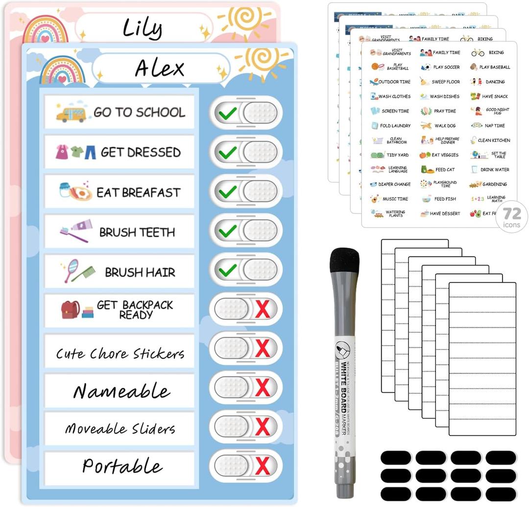 2 in 1 Namable Chore Chart - Dry Erase Morning/Bedtime Routine Chart for Kids - Magnetic Visual Schedule for Toddlers to Do List Checklist for Multiple Kids