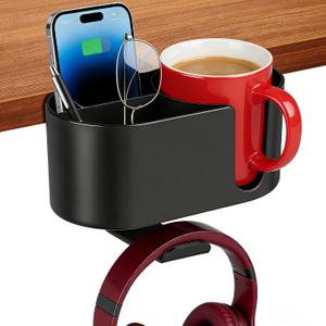 MYITYARD 4 in 1 Desk Cup Holder, Clamp On Drink Holder with Headphone Hanger, Anti-Spill Clip on Desk Organizer for Pen Phone Mug, Gaming Office Desk Accessories fits Most Desks