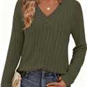PRETTYGARDEN Fall Fashion 2026 Long Sleeve Shirts for Women Ribbed Knit V Neck Dressy Casual Lightweight Sweaters Tunic Tops (Green, S)